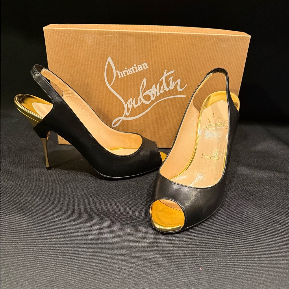 Christian Louboutin Black and Gold Slingback Heels